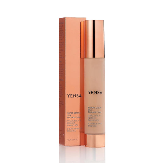 YENSA Serum Foundation Makeup - Super Silk Full Coverage Foundation Enriched with Peptides, Vitamin C & Ferulic Acid to Help Reduce Fine Lines, Wrinkles & Dark Circles - Deep 3 (1 oz)