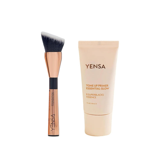 YENSA Flawless Base Duo - Skin On Skin Flawless Blending Makeup Foundation Brush (1 Count), Tone Up Essential Glow Primer for Face (1 Fl oz), Brightening & Airbrushed Satin Finish