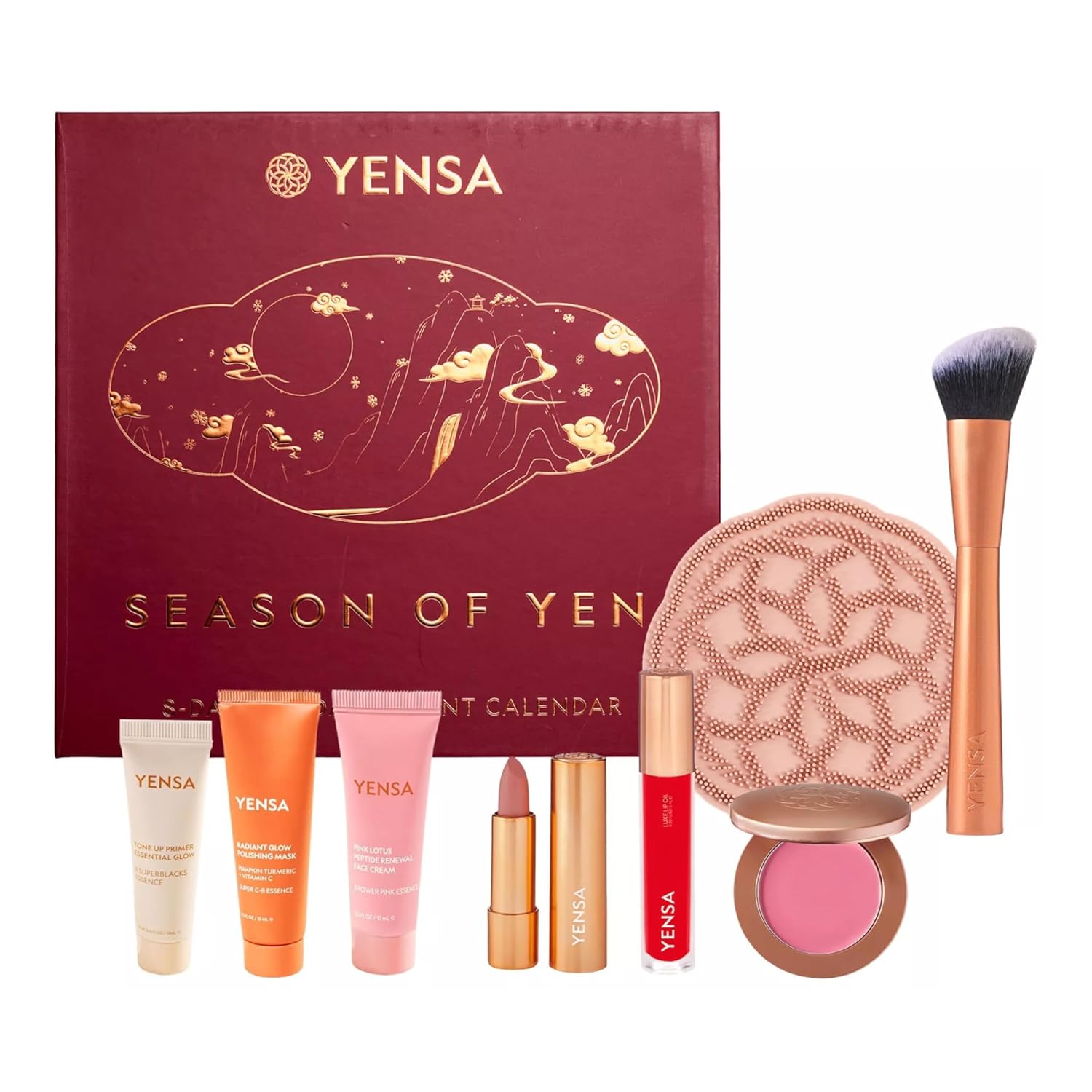 YENSA Season of Yen Beauty Advent Calendar - 8-Day Lunar New Year Makeup and Skin Care Gift Set - Travel Size Skincare, Lipstick, Liip Oil, Blush, Make Up Brush & Brush Cleaner Kit (8 Count)