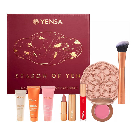 YENSA Season of Yen Beauty Advent Calendar - 8-Day Lunar New Year Makeup and Skin Care Gift Set - Travel Size Skincare, Lipstick, Liip Oil, Blush, Make Up Brush & Brush Cleaner Kit (8 Count)