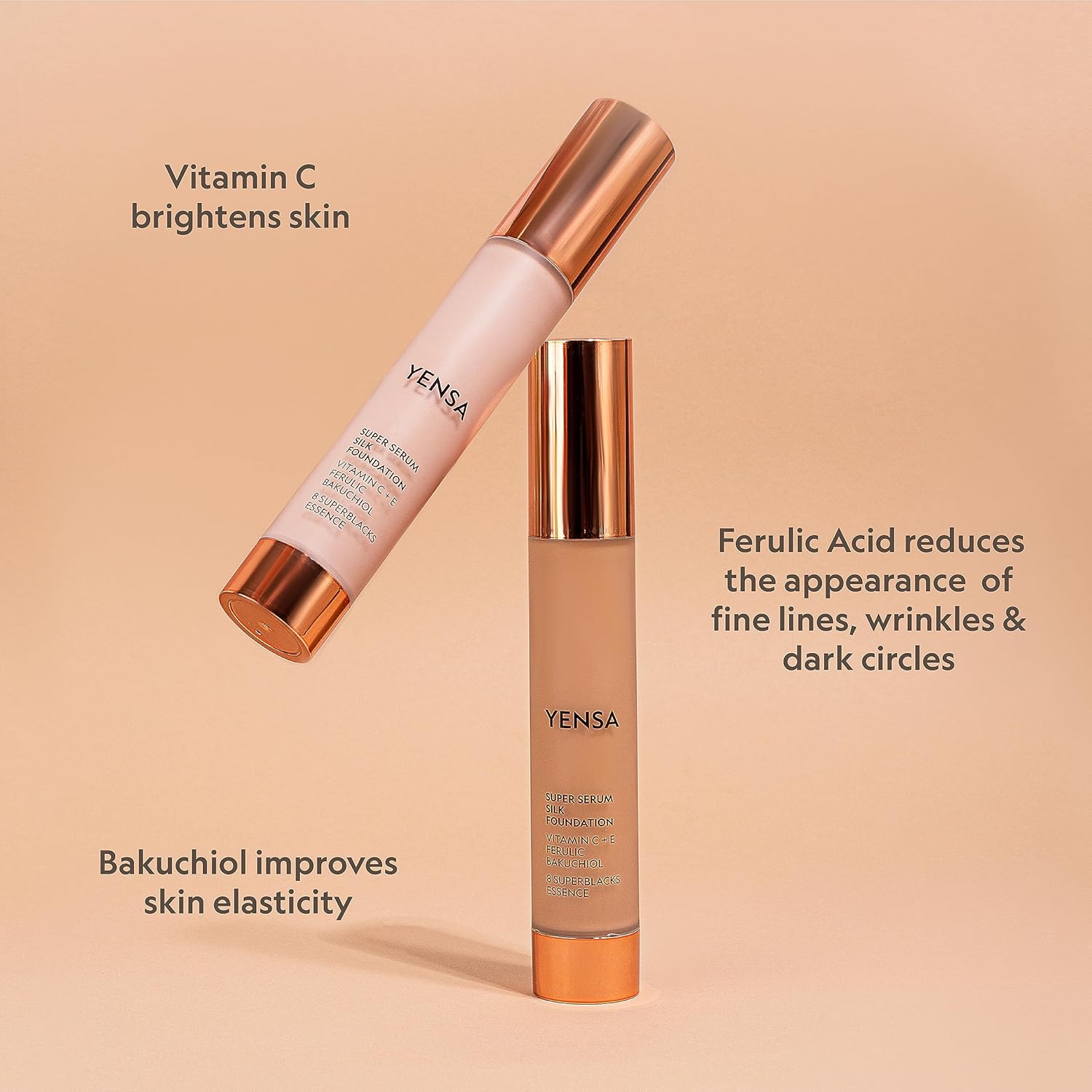 YENSA Serum Foundation Makeup - Super Silk Full Coverage Foundation Enriched with Peptides, Vitamin C & Ferulic Acid to Help Reduce Fine Lines, Wrinkles & Dark Circles - Deep 3 (1 oz)